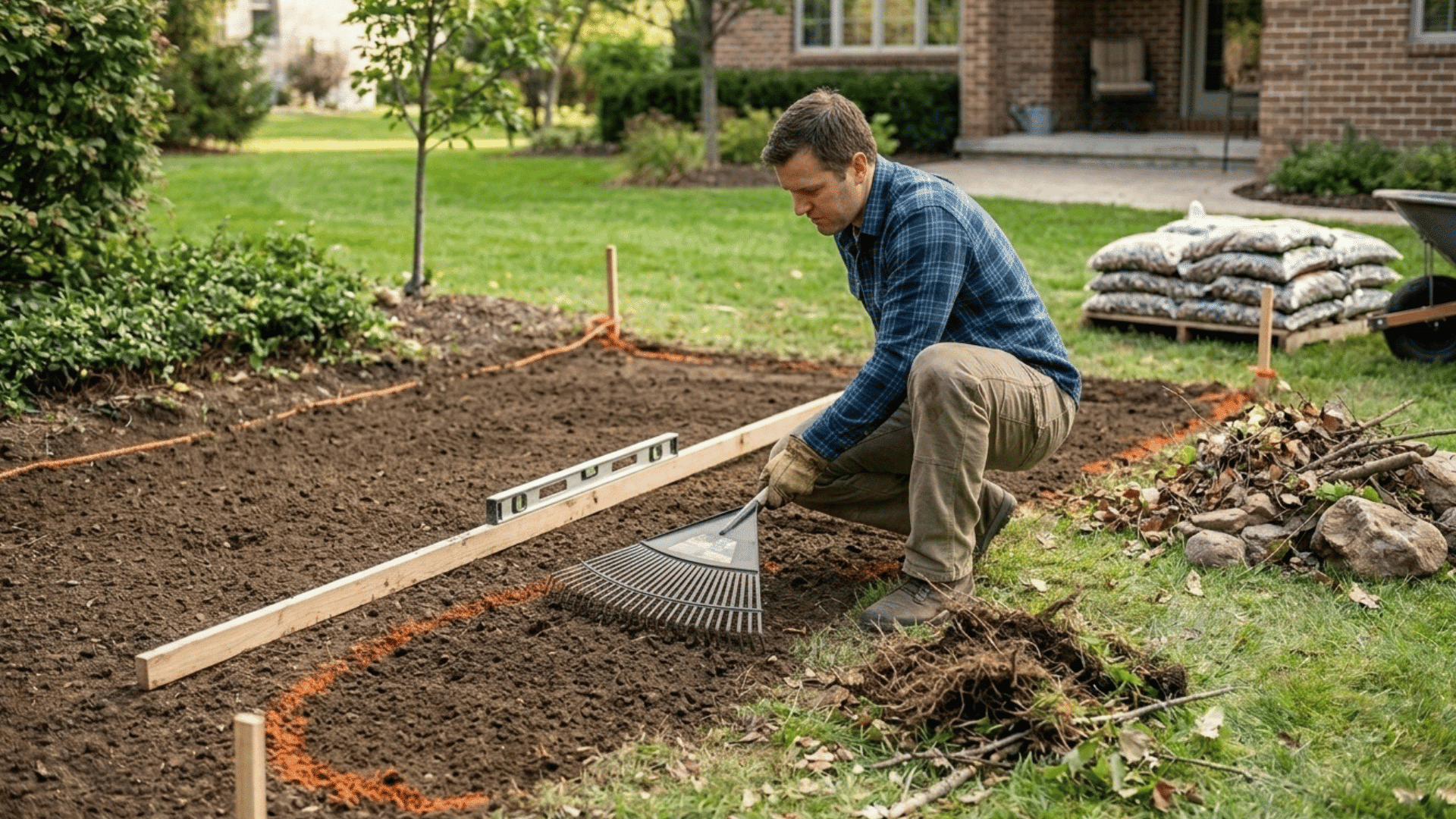 leveling soil with rake and board to create even base for landscaping project.