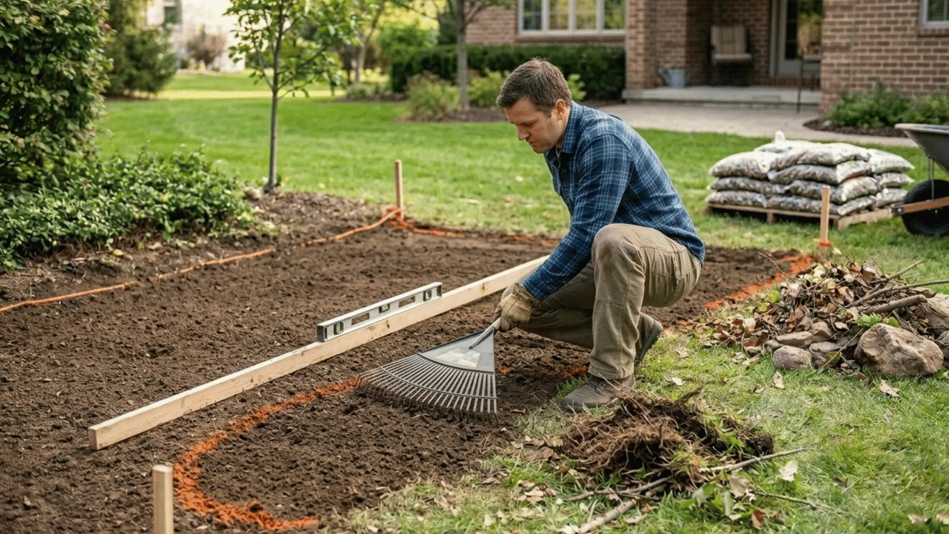 leveling soil with rake and board to create even base for landscaping project.