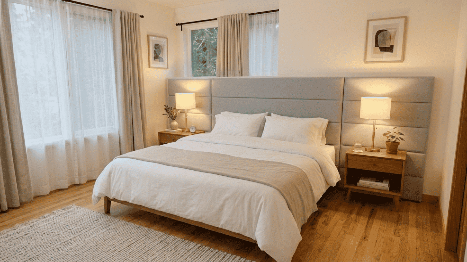 light gray upholstered headboard panel mounted on wall behind a neatly made bed with white bedding and warm lighting