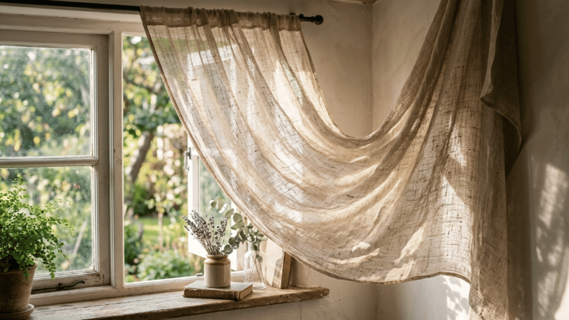 light linen curtain loosely draped by a window with sunlight passing through, highlighting its airy and open weave.