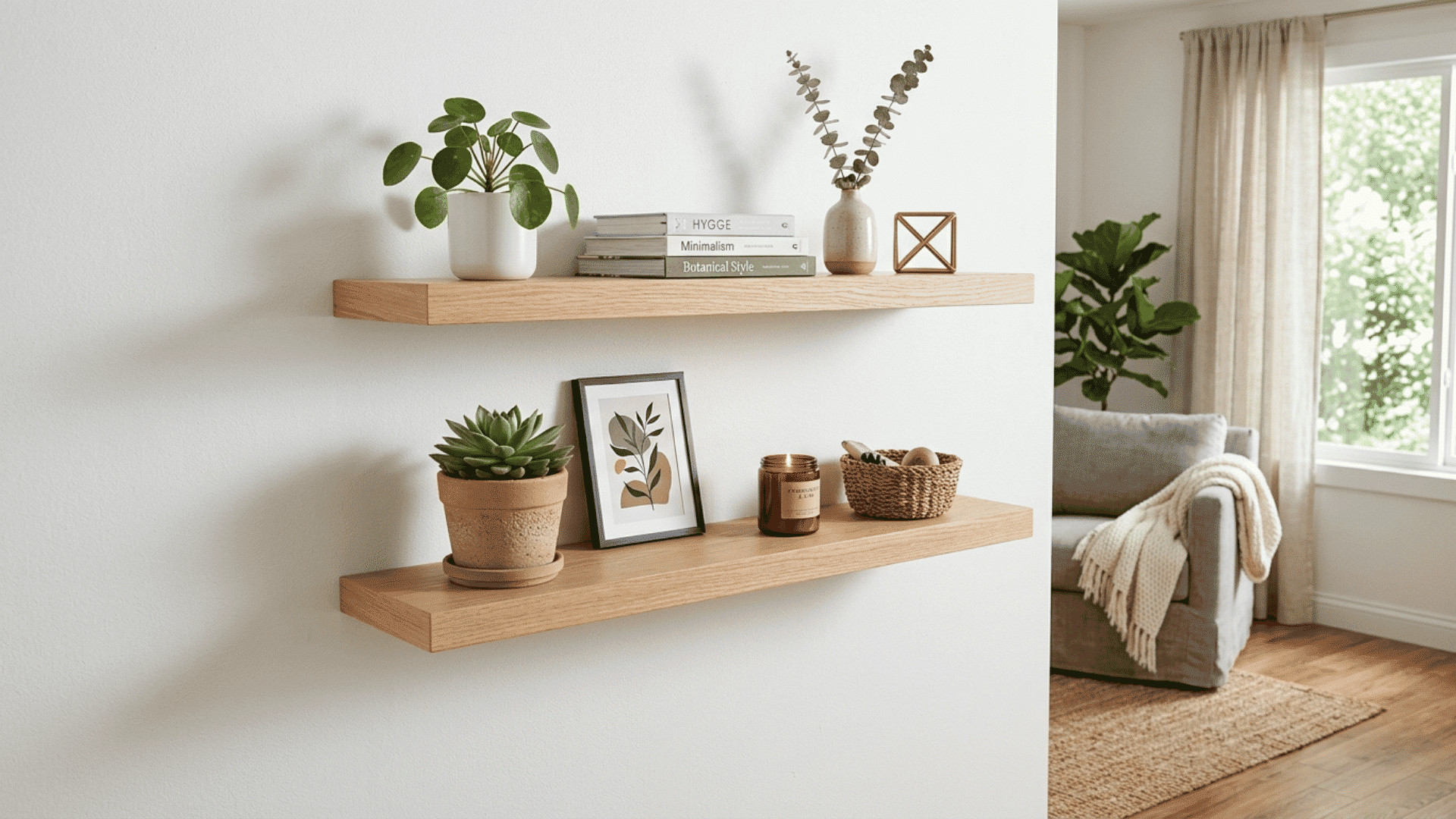 light wood floating wall shelves mounted on white wall with small plants and decorative items on top