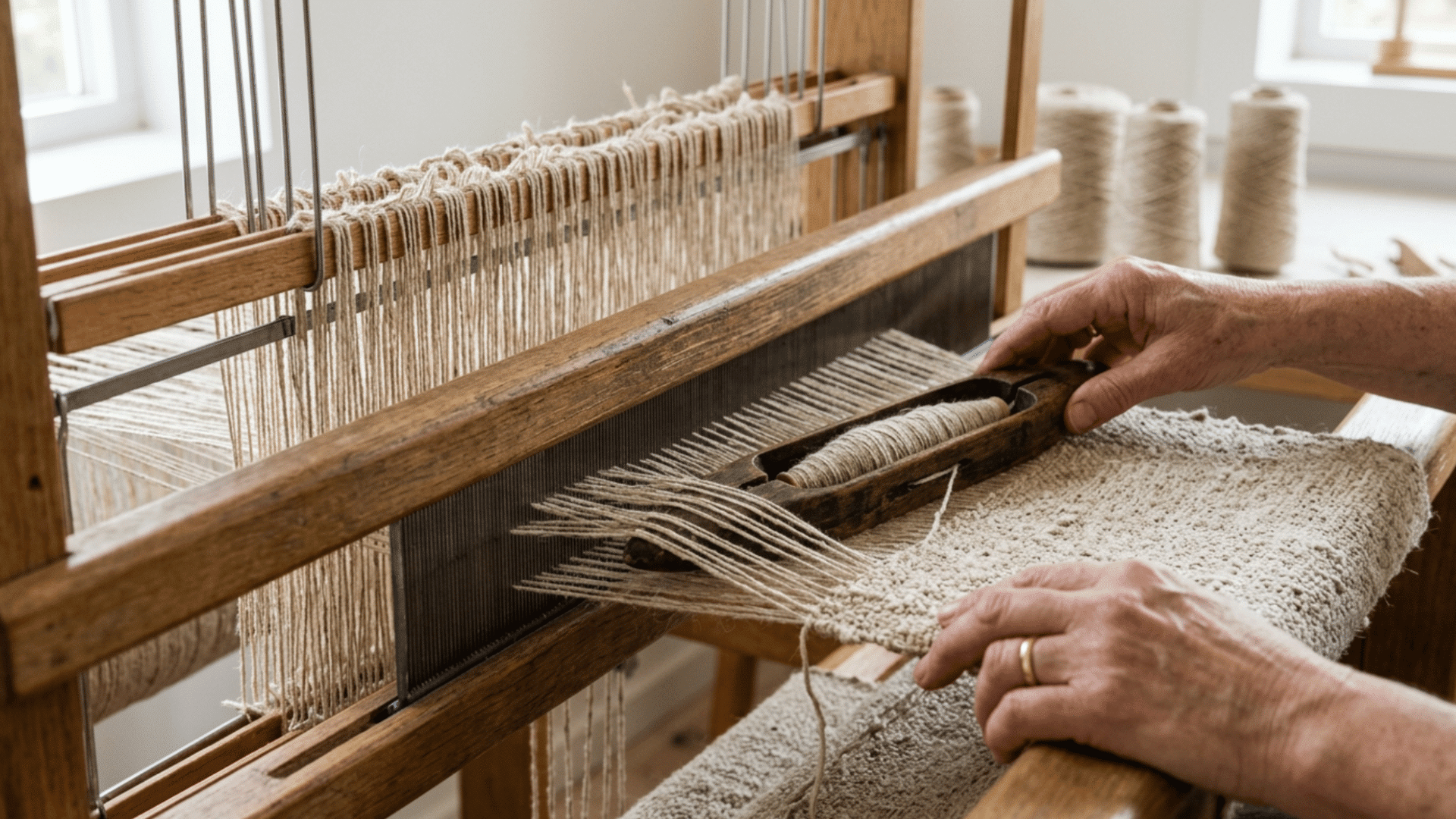 Linen yarn woven on a loom, threads crossing tightly to form fabric with visible texture and pattern