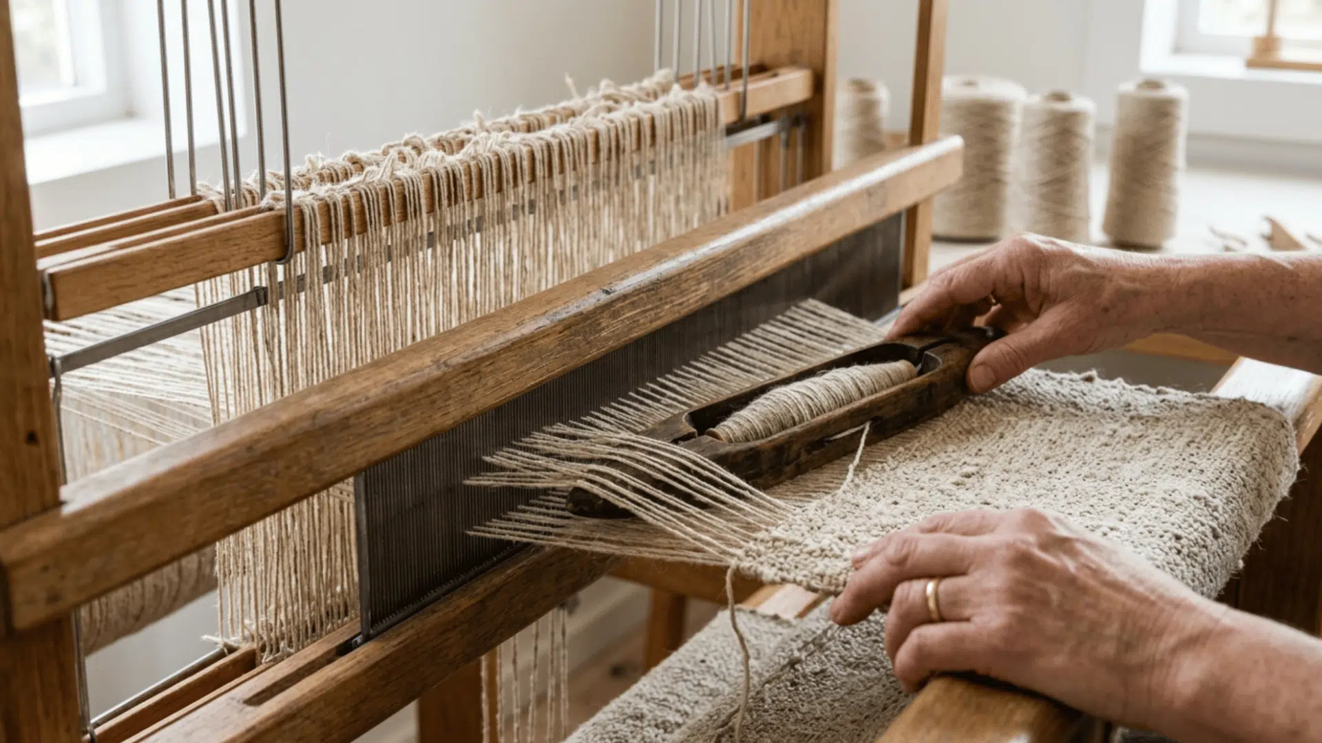 Linen yarn woven on a loom, threads crossing tightly to form fabric with visible texture and pattern