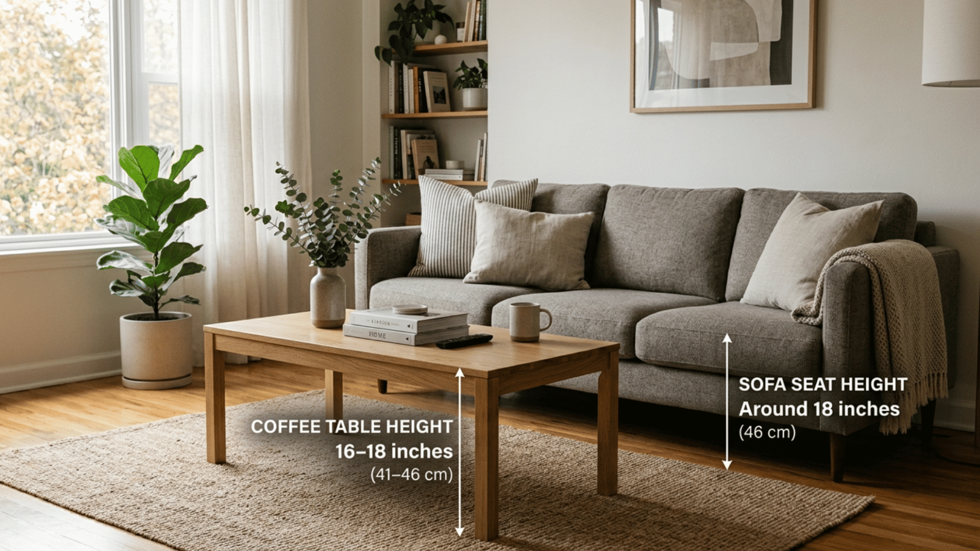 living room coffee table setup showing 16 to 18 inch table height aligned with sofa seat for easy reach and use