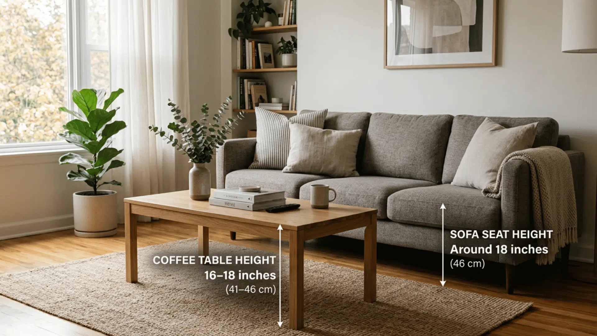 living room coffee table setup showing 16 to 18 inch table height aligned with sofa seat for easy reach and use