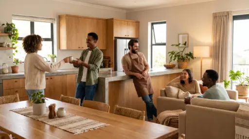 Group of friends socializing in a cozy kitchen with wooden cabinets and indoor plants
