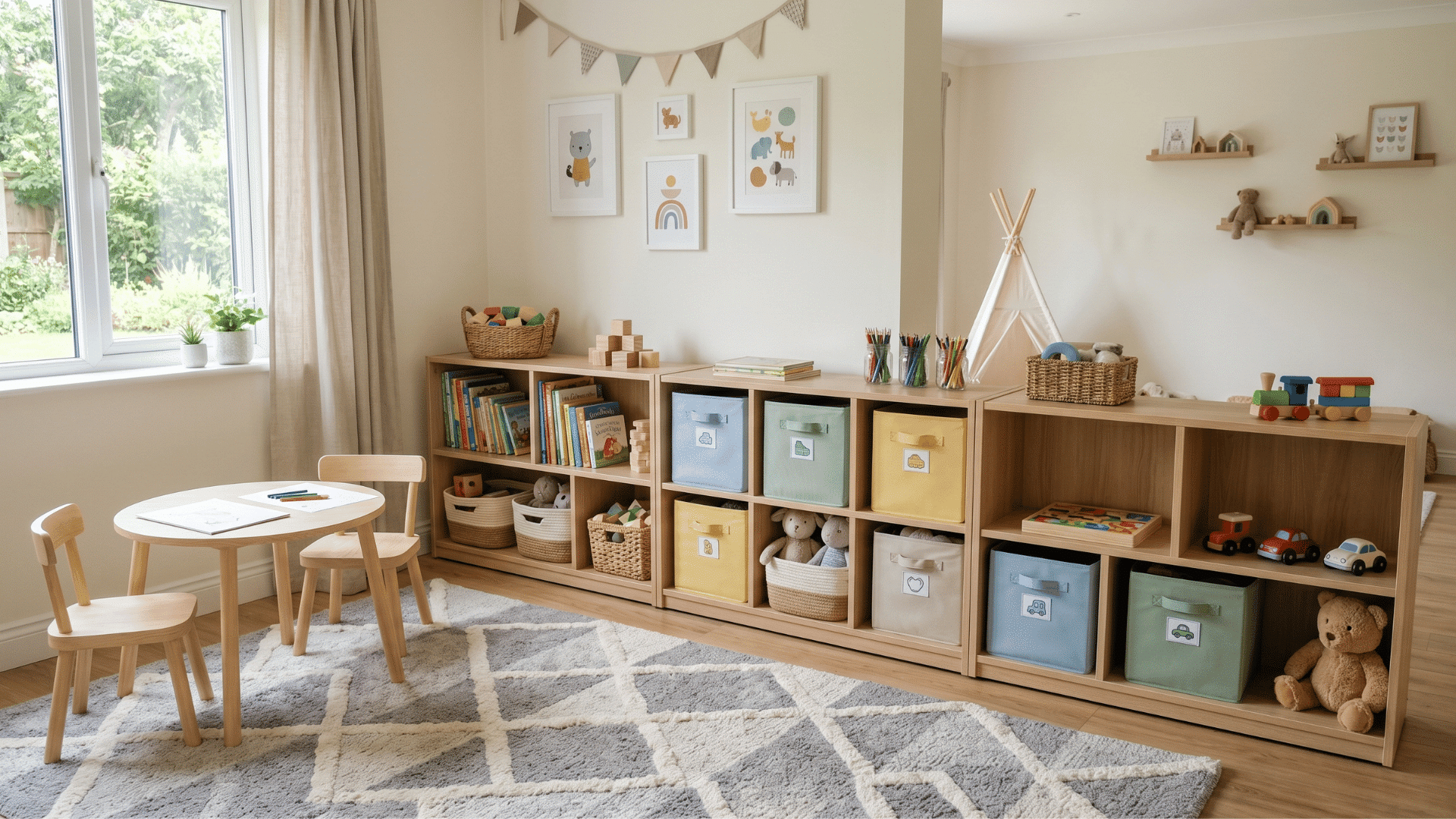low open shelves with bins within reach toys neatly placed clean wall open space soft light simple setup