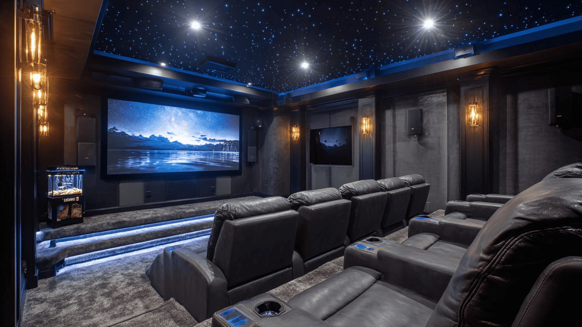 luxury basement home theater with 130-inch projector screen, velvet recliner seating, starlight ceiling, surround sound, and cinematic LED lighting