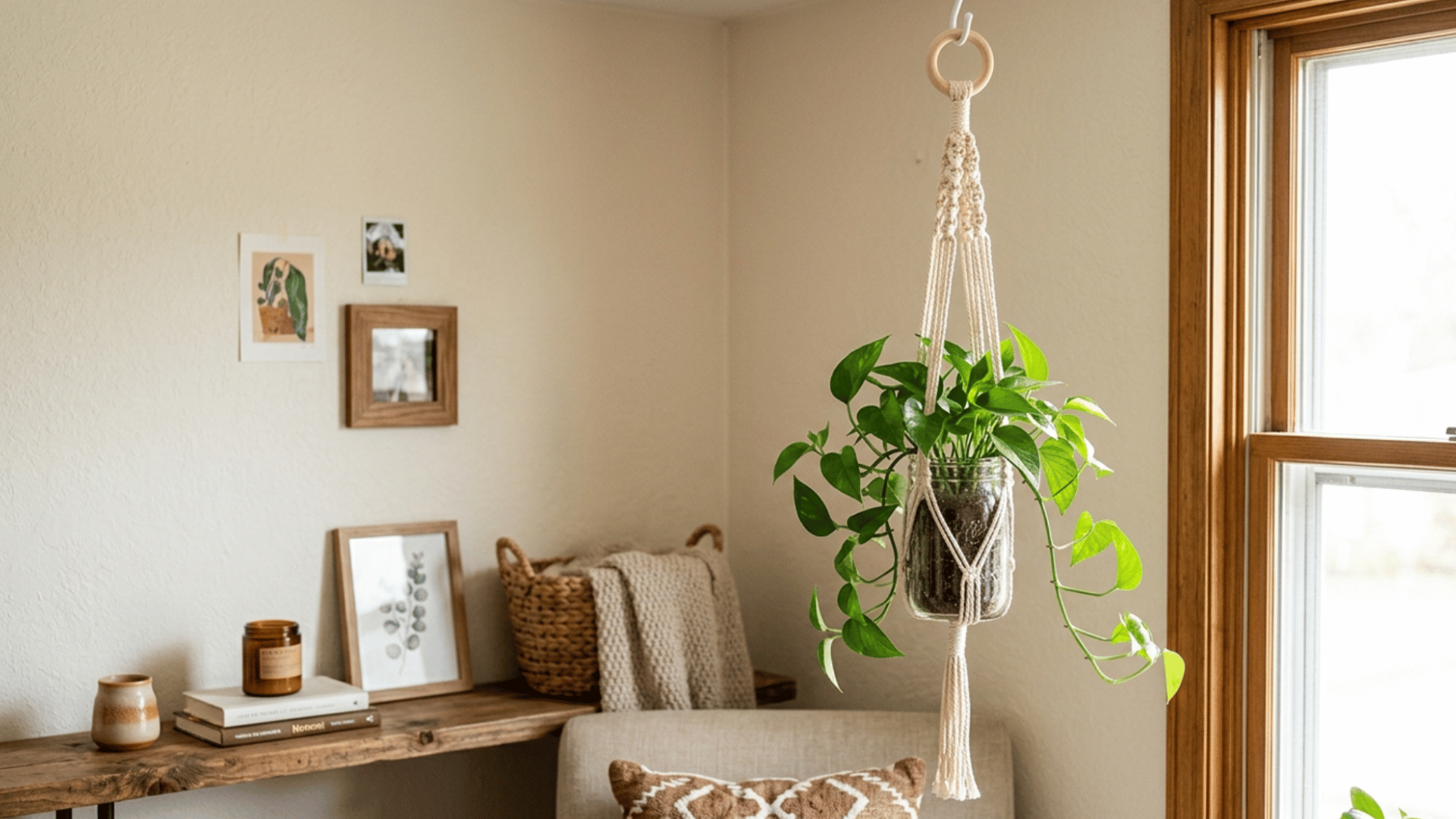 macrame jar plant holder hanging with green plant in bright indoor space