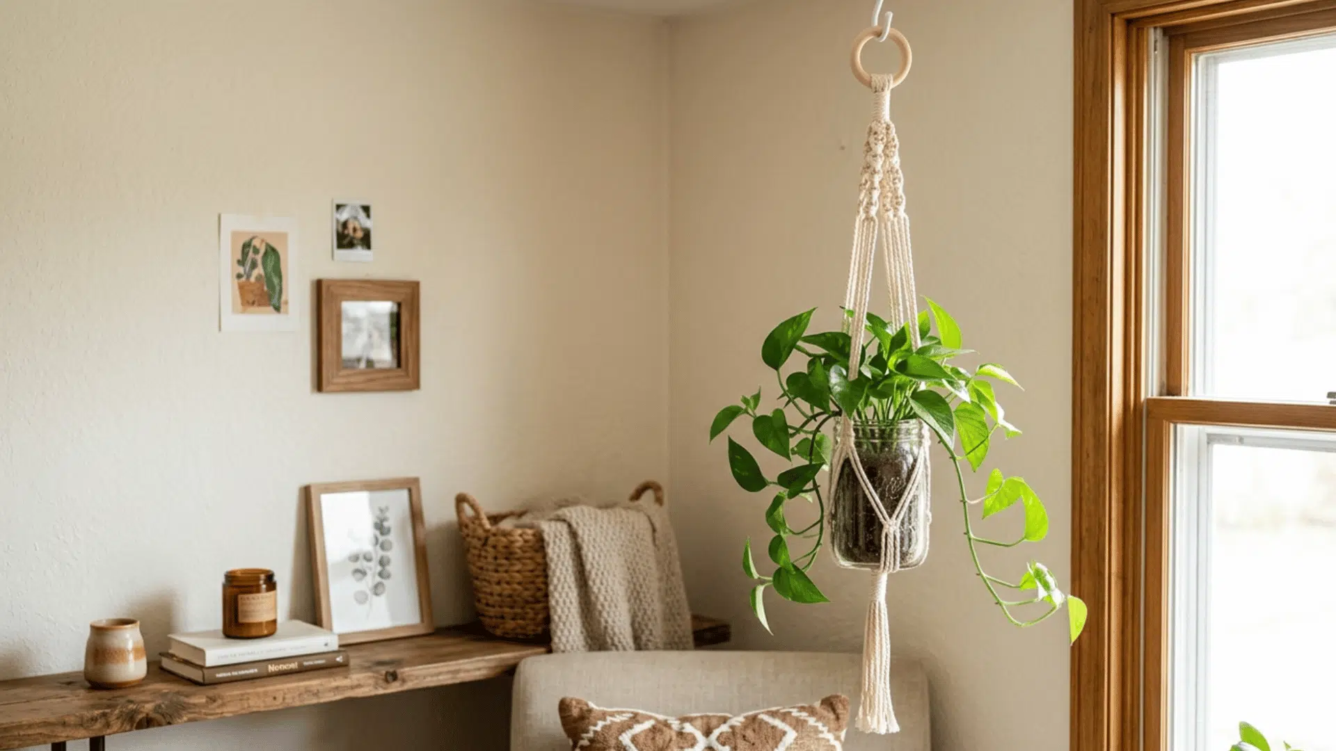 macrame jar plant holder hanging with green plant in bright indoor space