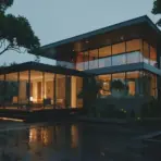 Modern glass house in a rainy evening setting surrounded by trees and wet pavement