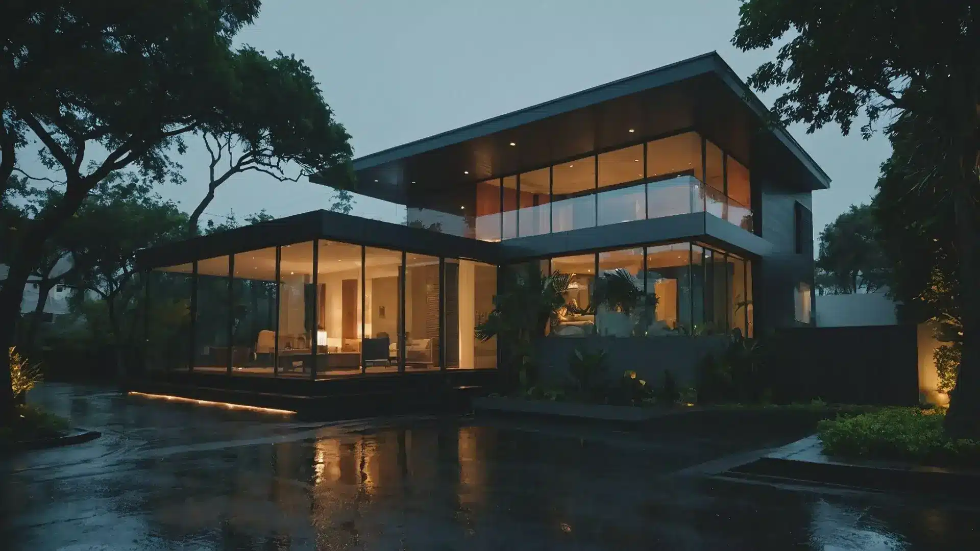 Modern glass house in a rainy evening setting surrounded by trees and wet pavement