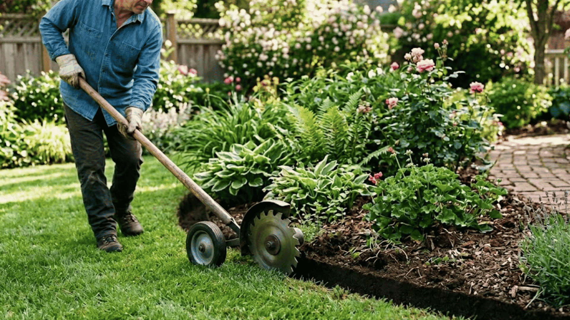 man using a manual lawn edger beside a flower garden in a landscaped yard