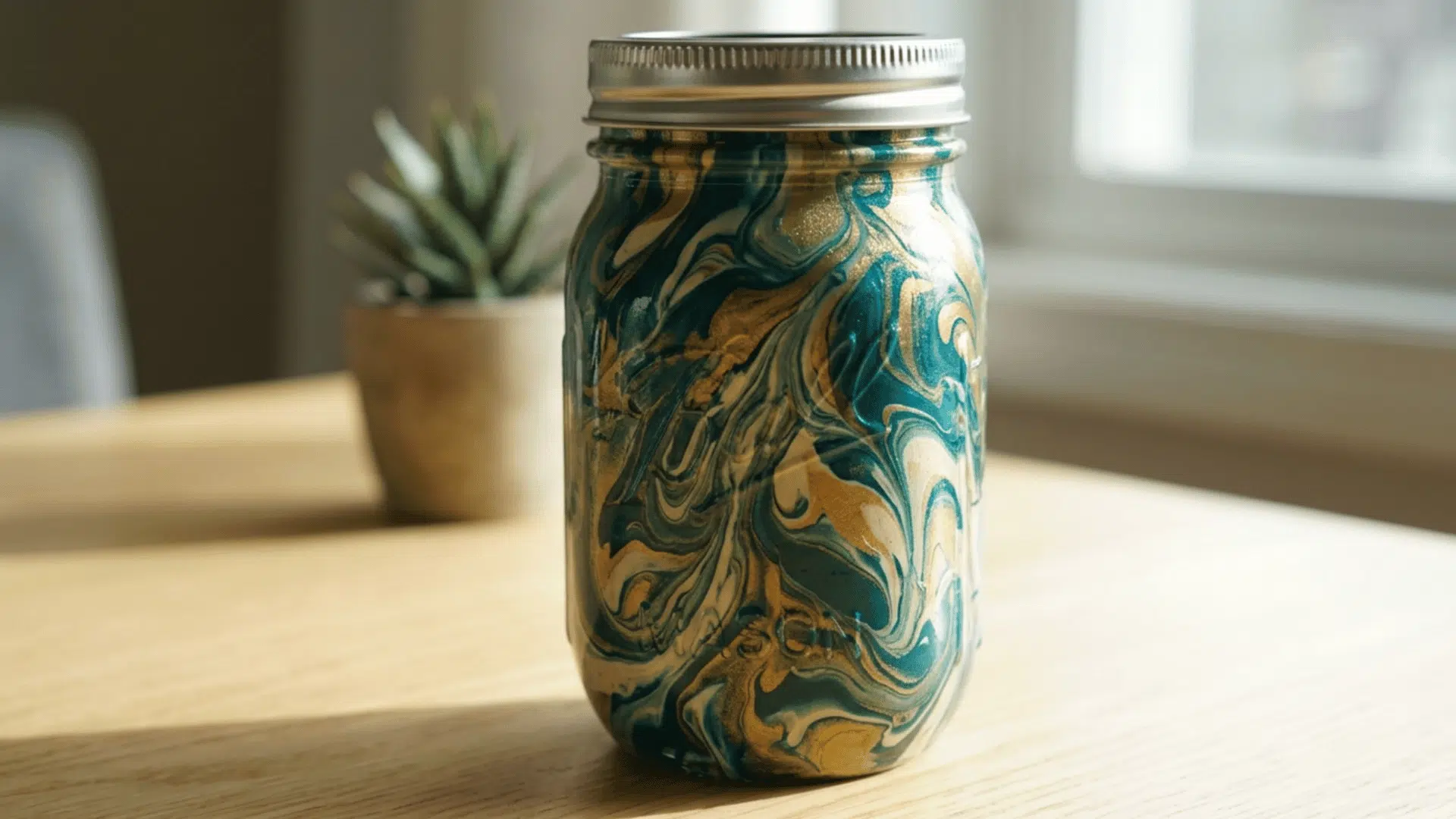 marble painted mason jar with swirl pattern used as decorative piece kept on the table