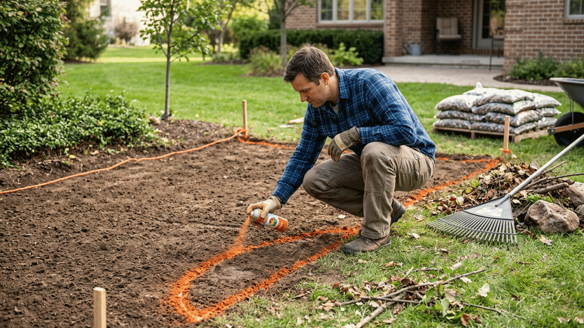 marking landscaping area outline on soil using spray paint before installation.