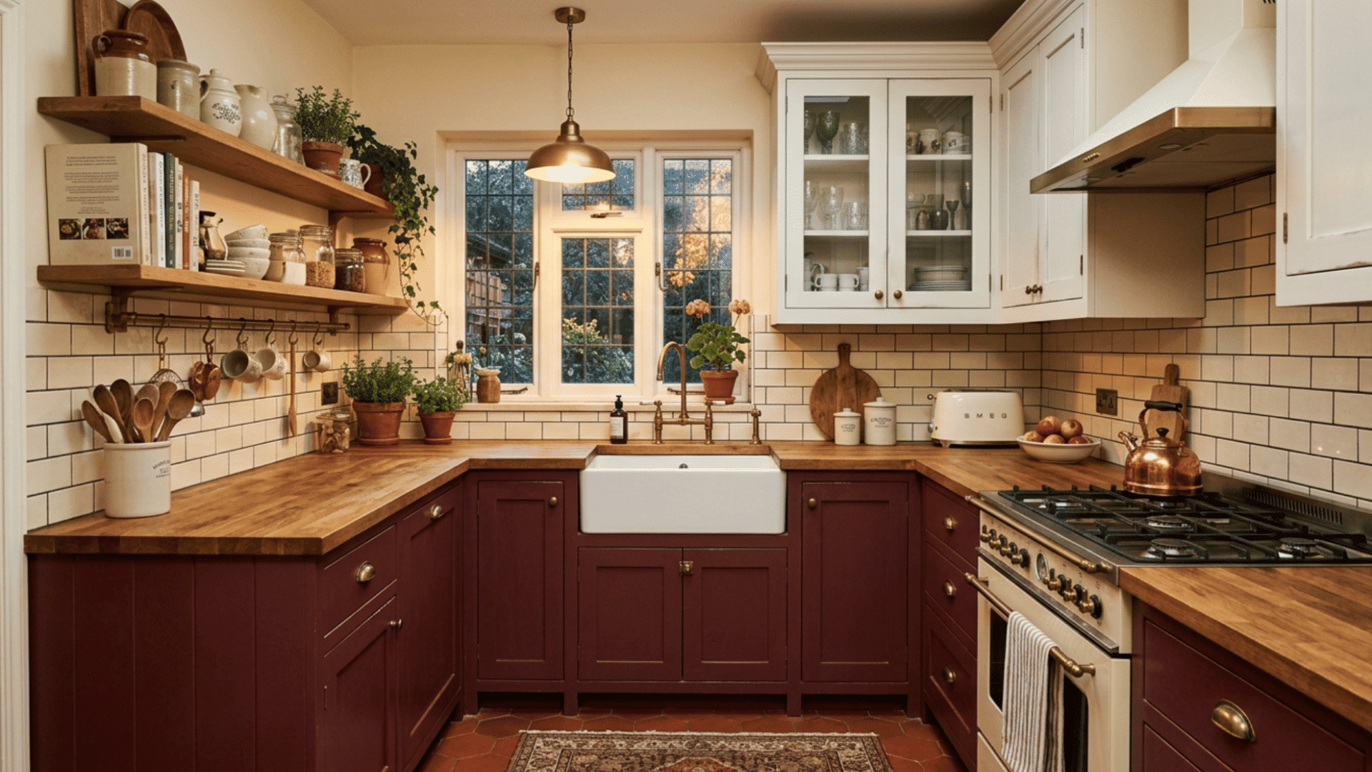 maroon and white cabinets add depth and warmth to a classic kitchen with rich tones