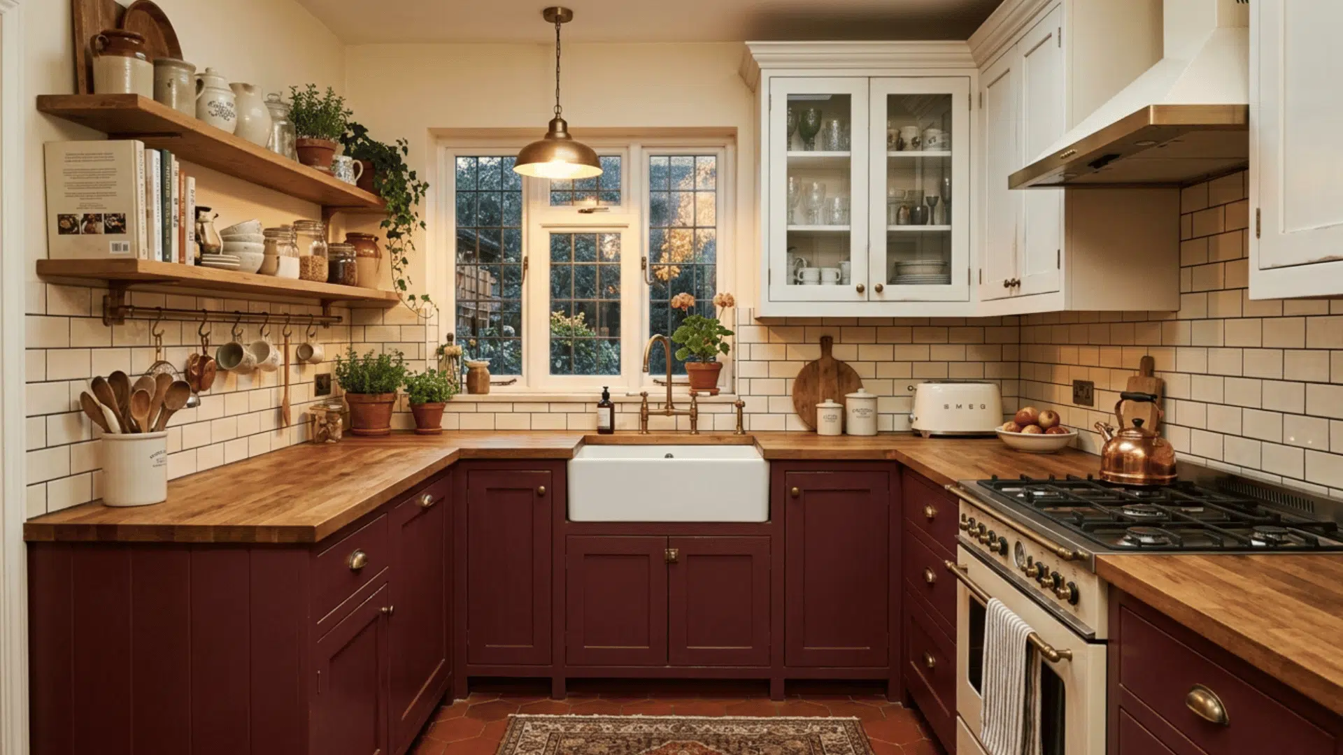 maroon and white cabinets add depth and warmth to a classic kitchen with rich tones