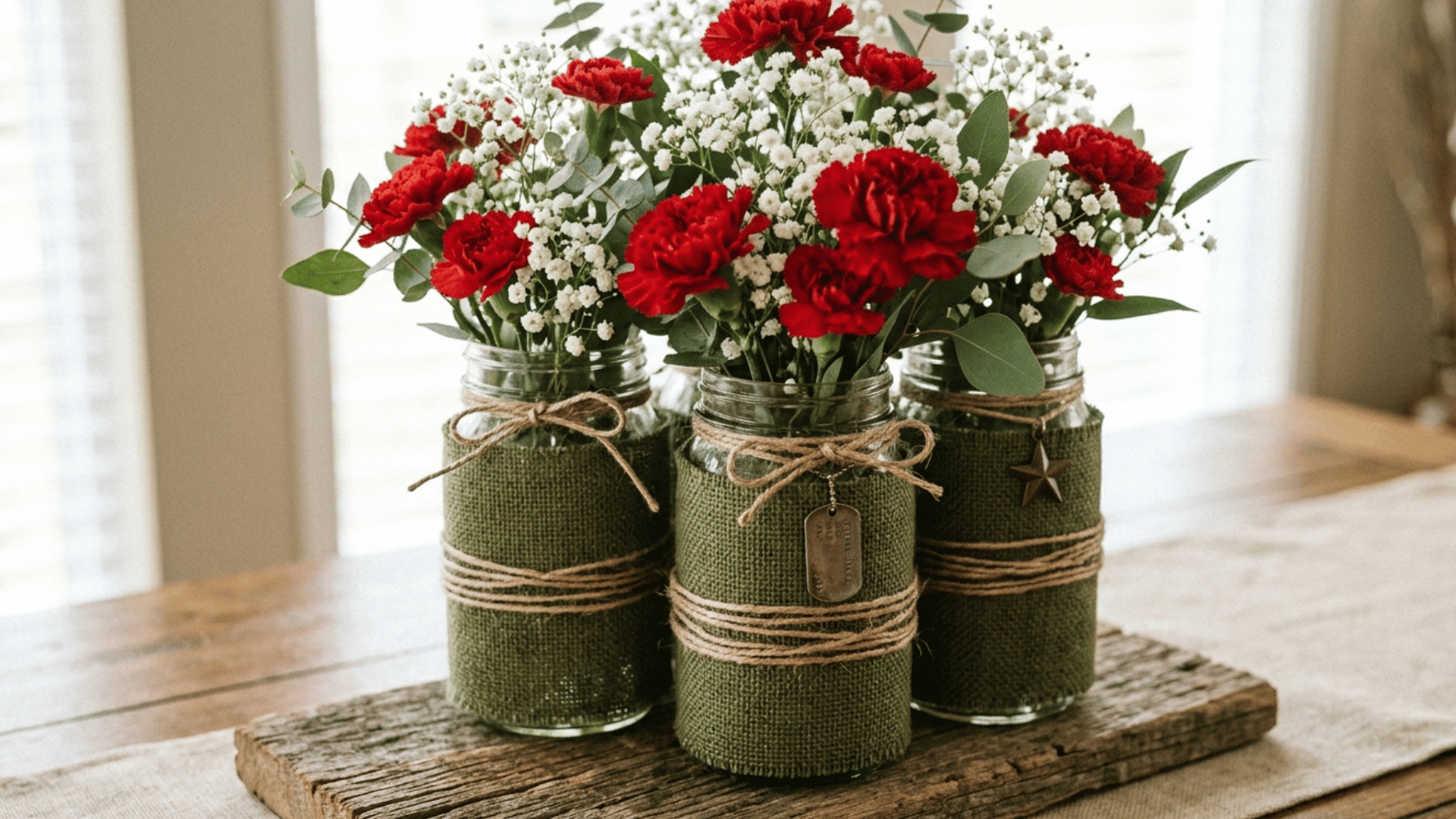 mason jar centerpiece with red carnations, baby’s breath, and twine wrap.