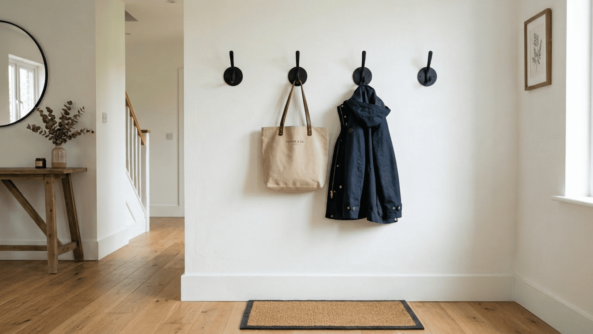 matte black wall hooks mounted evenly on white entryway wall with a bag and jacket hanging neatly