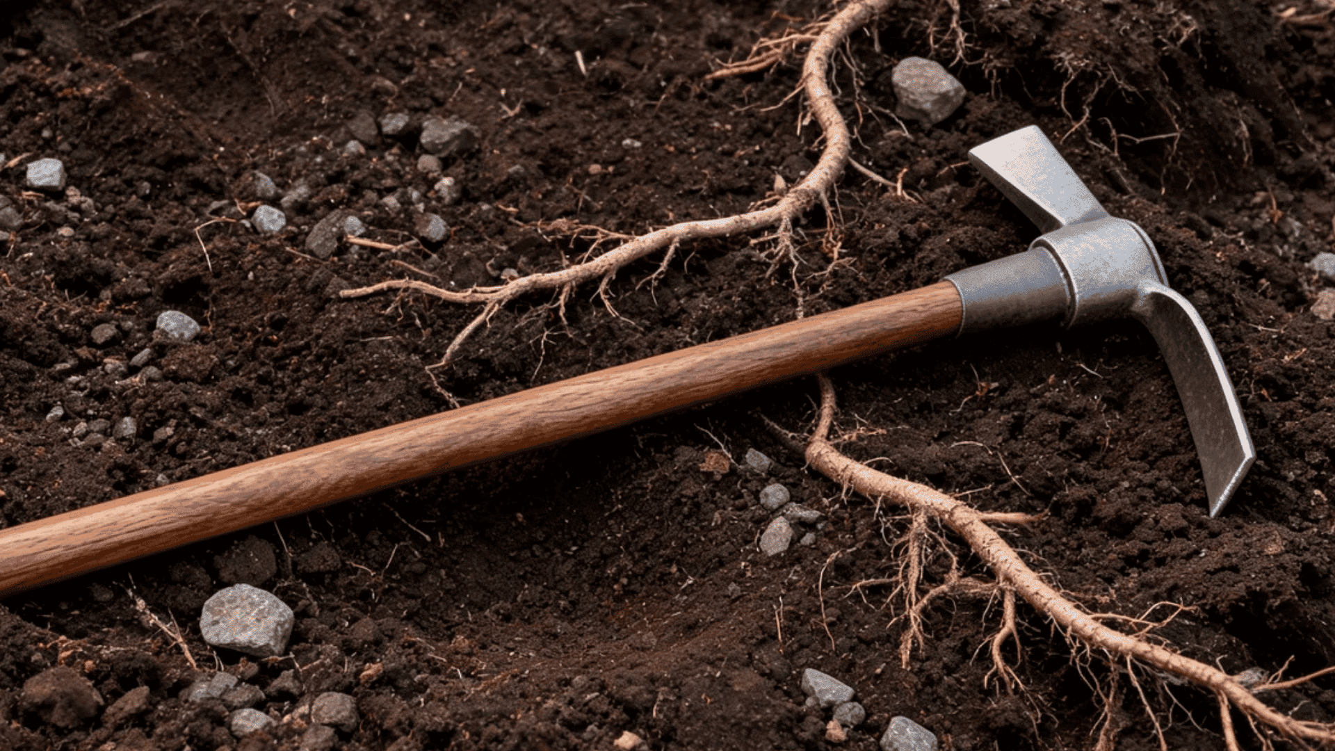 mattock tool resting on dark soil with exposed roots and scattered rocks in garden ground