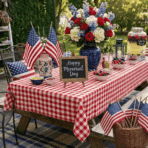 memorial day backyard table with american flags, flowers, and picnic decor in a sunny garden setting