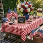 memorial day backyard table with american flags, flowers, and picnic decor in a sunny garden setting