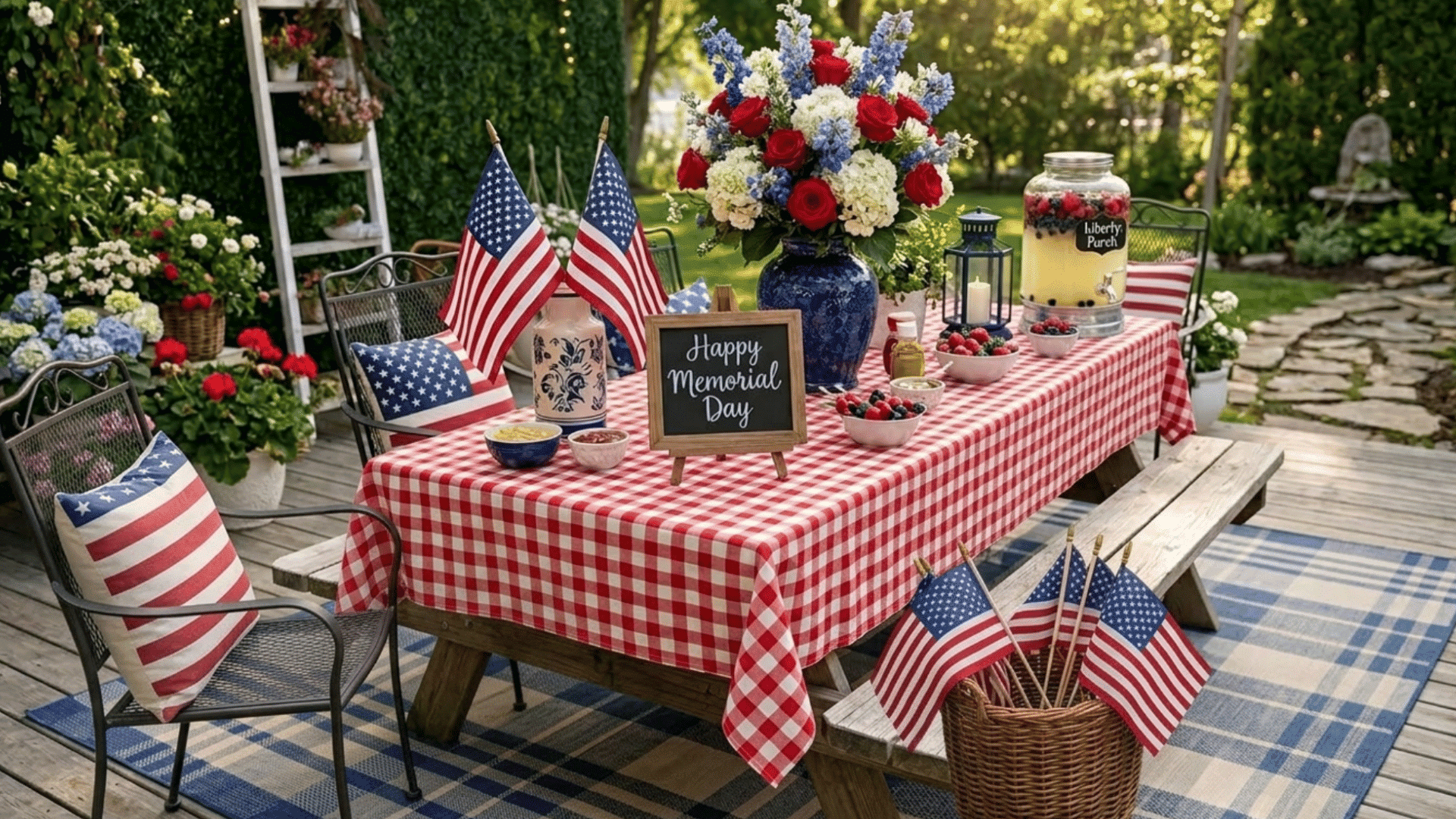 memorial day backyard table with american flags, flowers, and picnic decor in a sunny garden setting