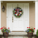 memorial day wreath with red white and blue flowers hanging on a white front door of a house