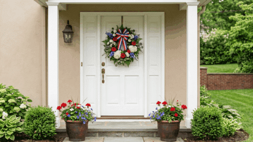 memorial day wreath with red white and blue flowers hanging on a white front door of a house