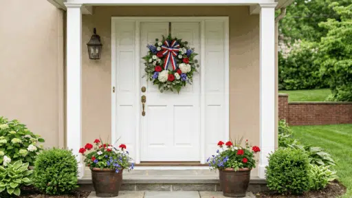 memorial day wreath with red white and blue flowers hanging on a white front door of a house