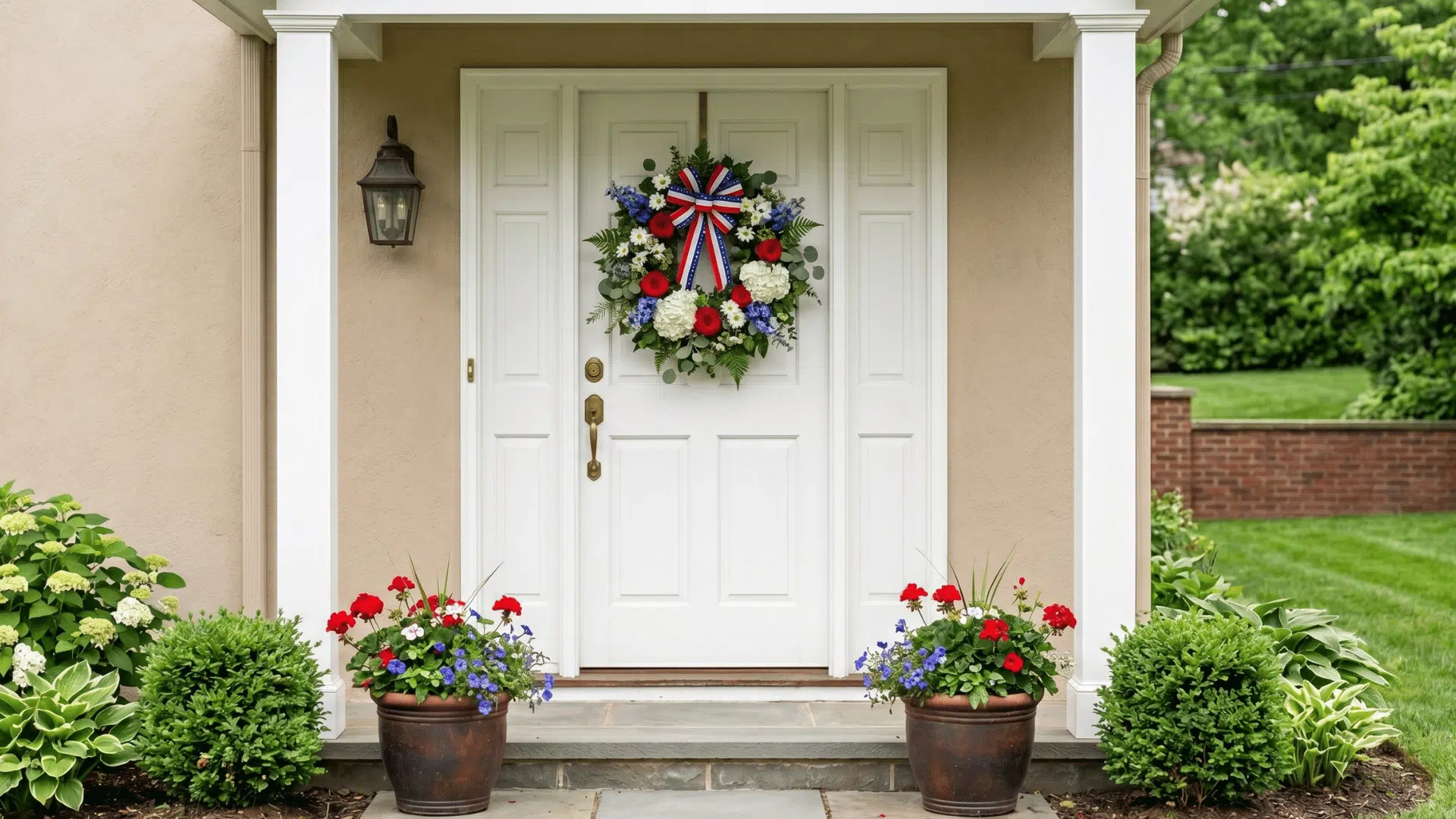 memorial day wreath with red white and blue flowers hanging on a white front door of a house