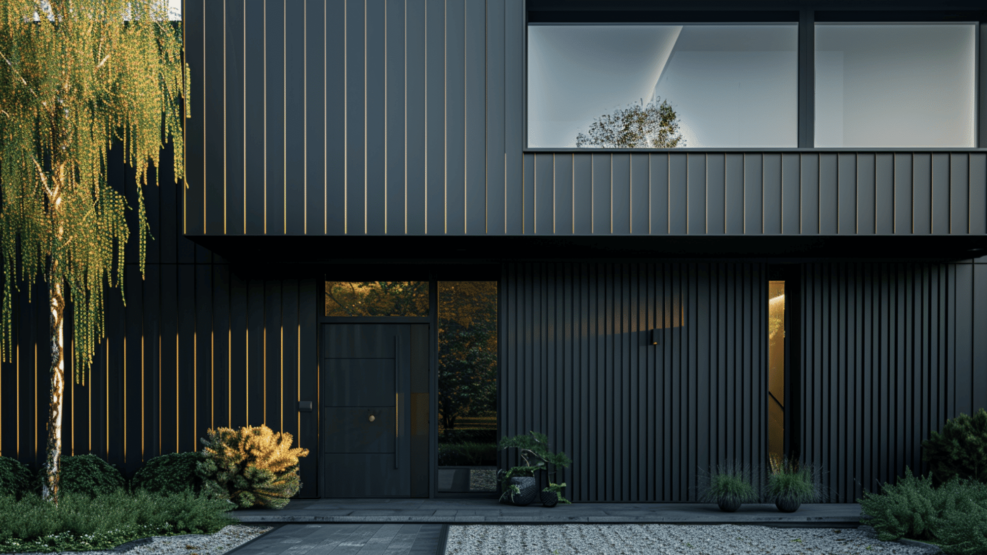 metal board and batten siding on modern home with sleek panels and industrial style exterior design look