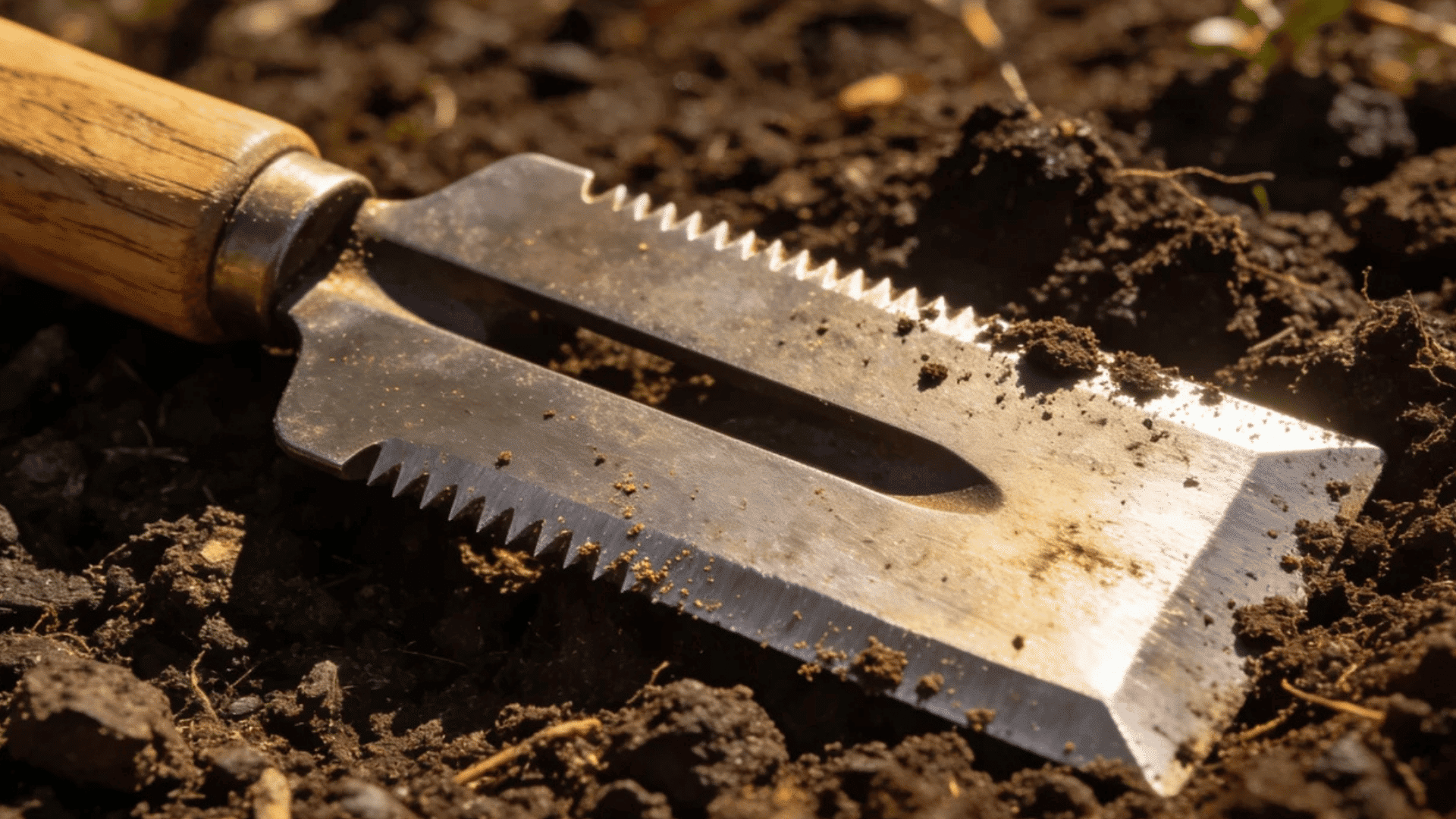 metal hand weeder tool lying on loose soil in a backyard garden bed