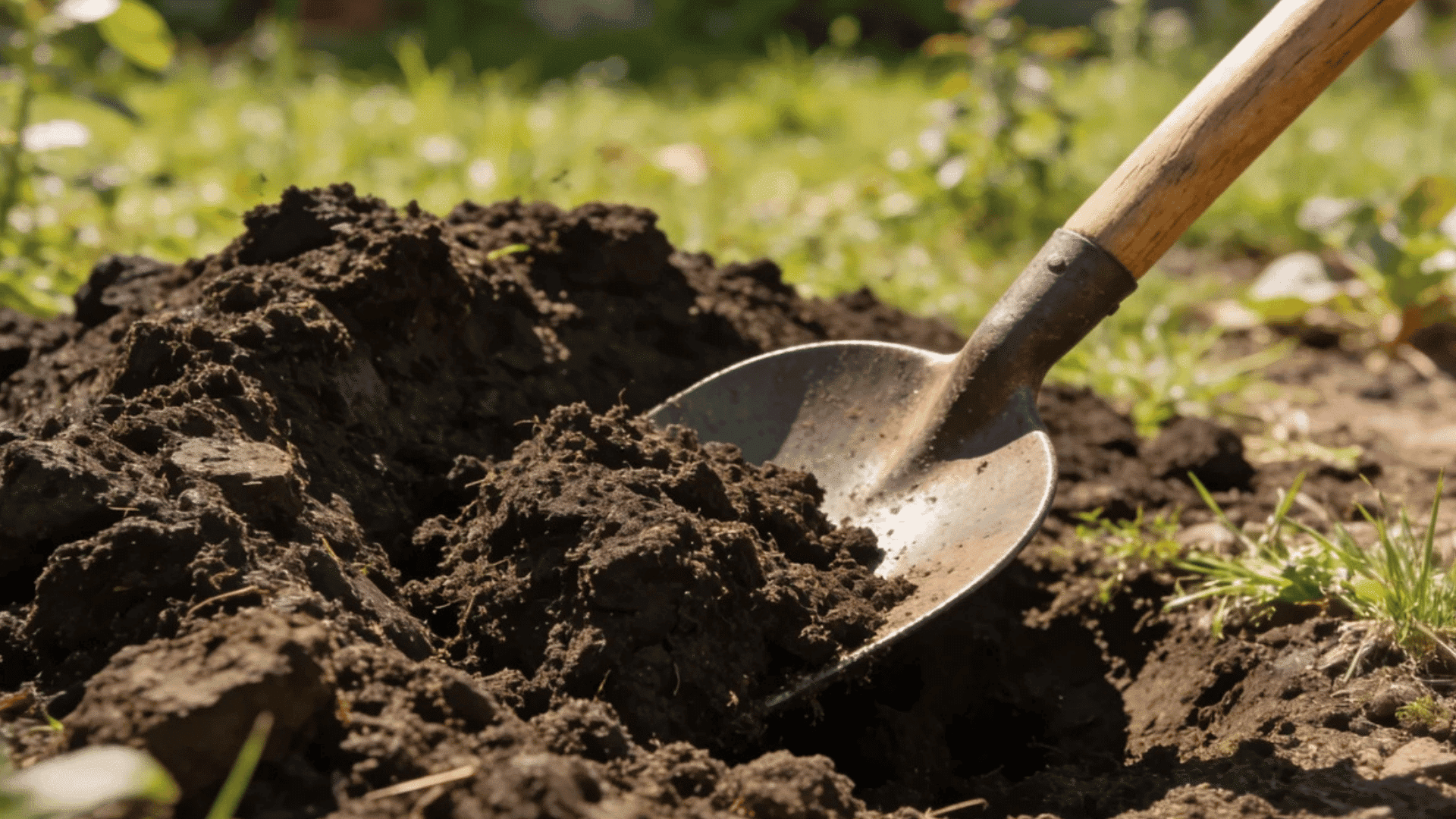 metal shovel digging through rich dark soil in a sunny backyard garden