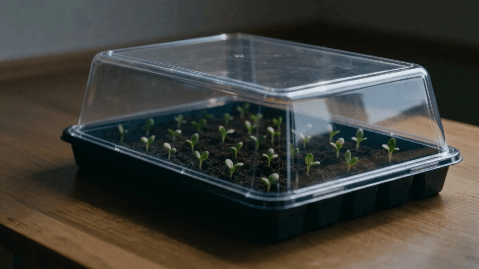 microgreens tray covered with a clear lid during germination, placed near a window in a dark indoor setting