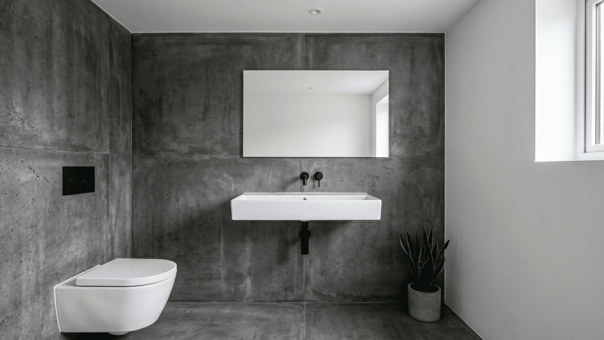 minimal concrete guest bathroom with wall mounted basin black fixtures uncluttered modern front view (1)