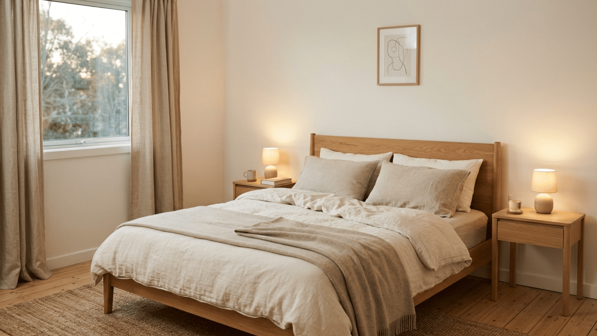 Minimalist bedroom with no TV or electronics near the bed, creating a calm and distraction-free environment