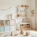 minimalist kids playroom with smart storage ideas including shelves, baskets, and bins in a clean and organized layout