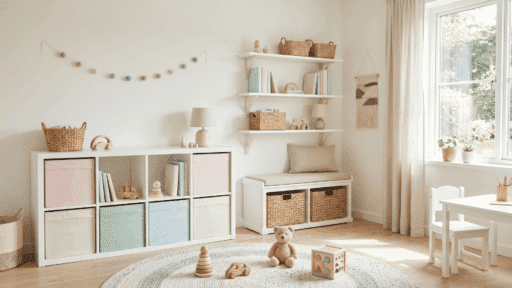 minimalist kids playroom with smart storage ideas including shelves, baskets, and bins in a clean and organized layout