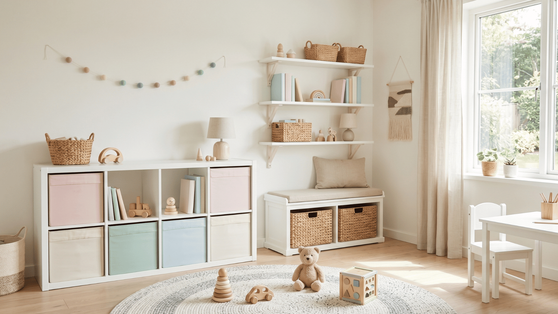 minimalist kids playroom with smart storage ideas including shelves, baskets, and bins in a clean and organized layout