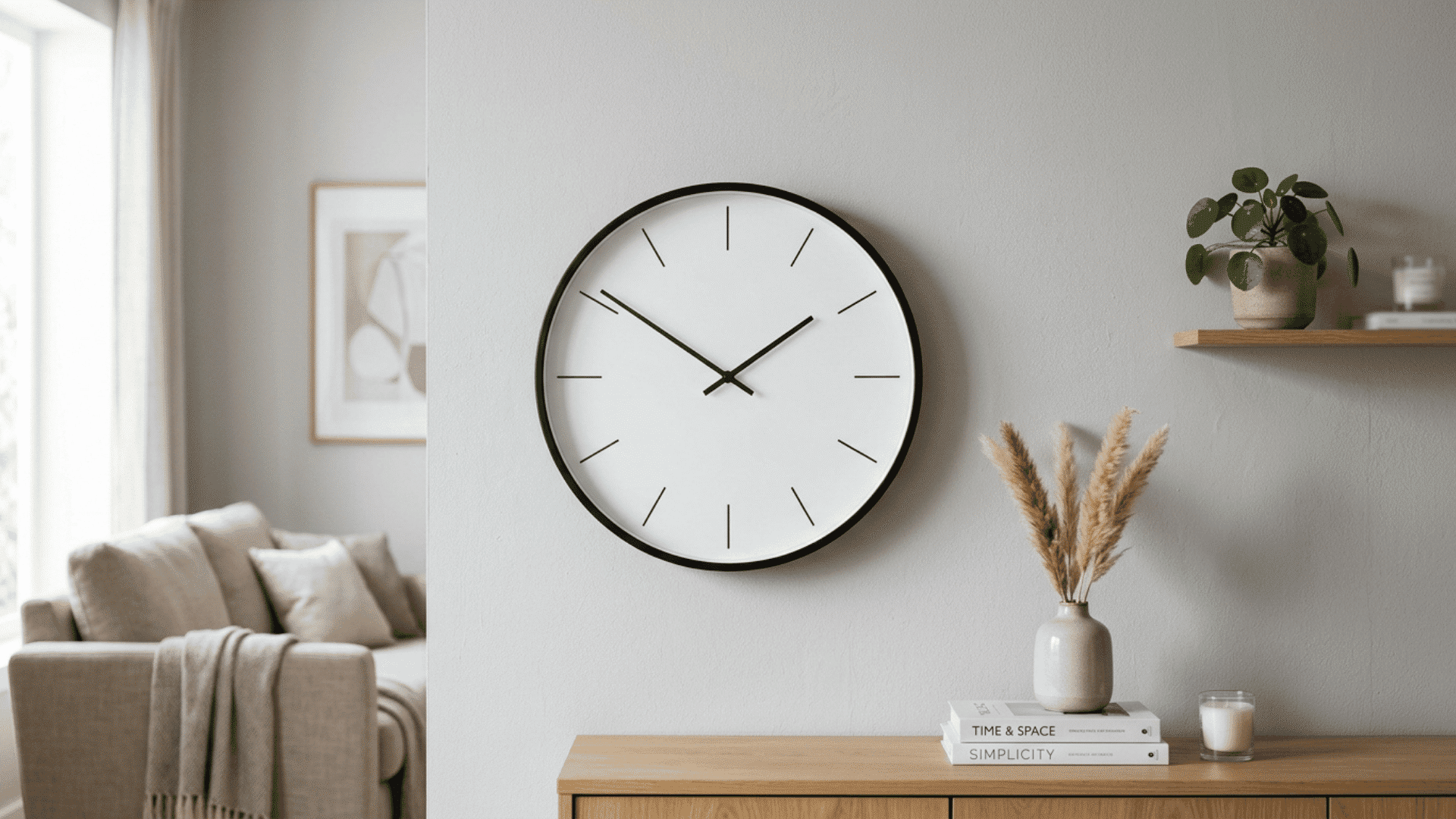 minimalist round wall clock with thin black frame and white face mounted on a light gray living room wall