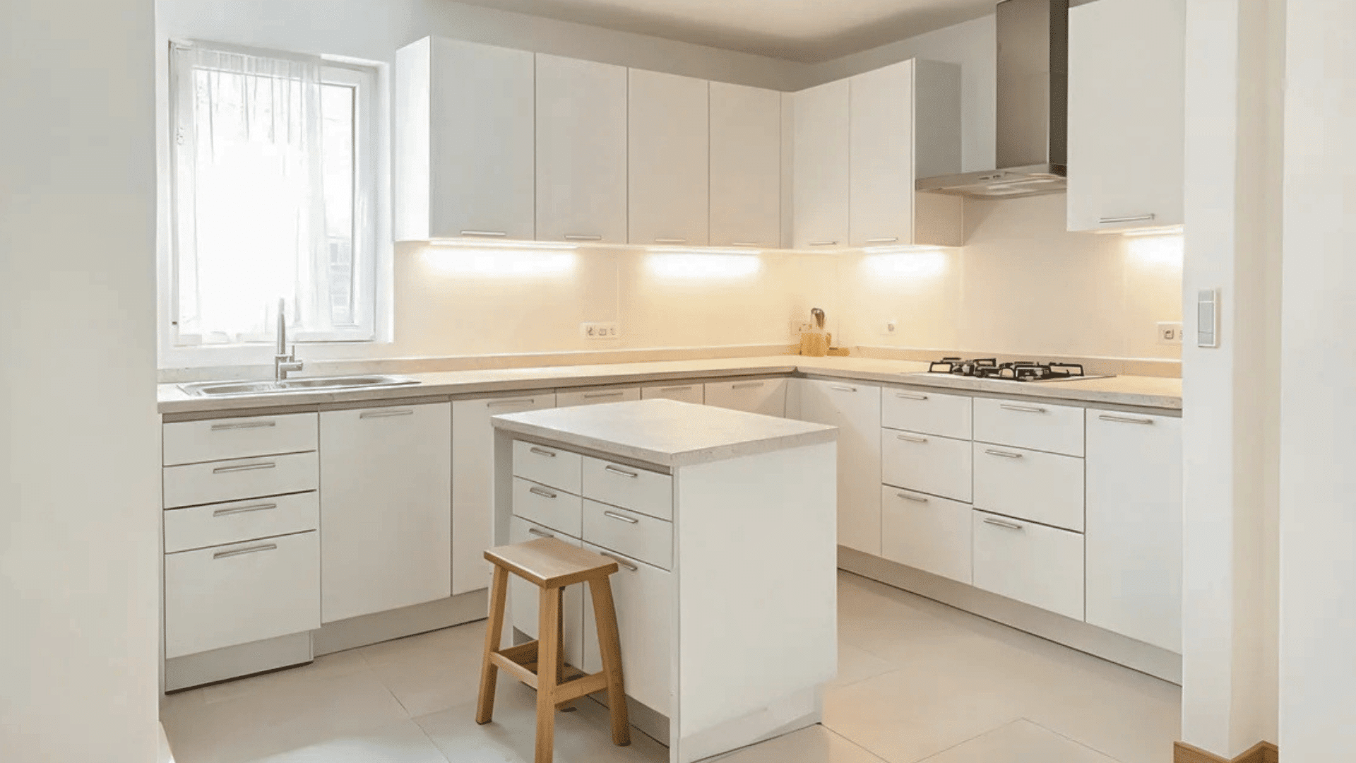 minimalist white kitchen with small island and wooden stool by window