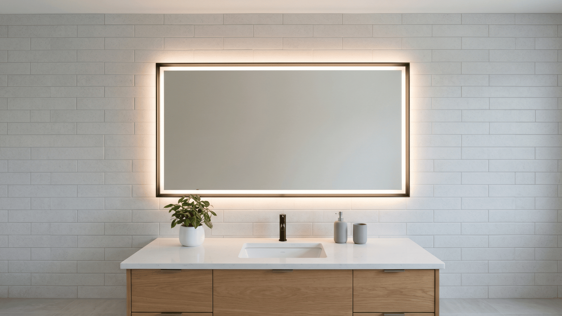mirror with soft led backlighting creating glow on a clean wall