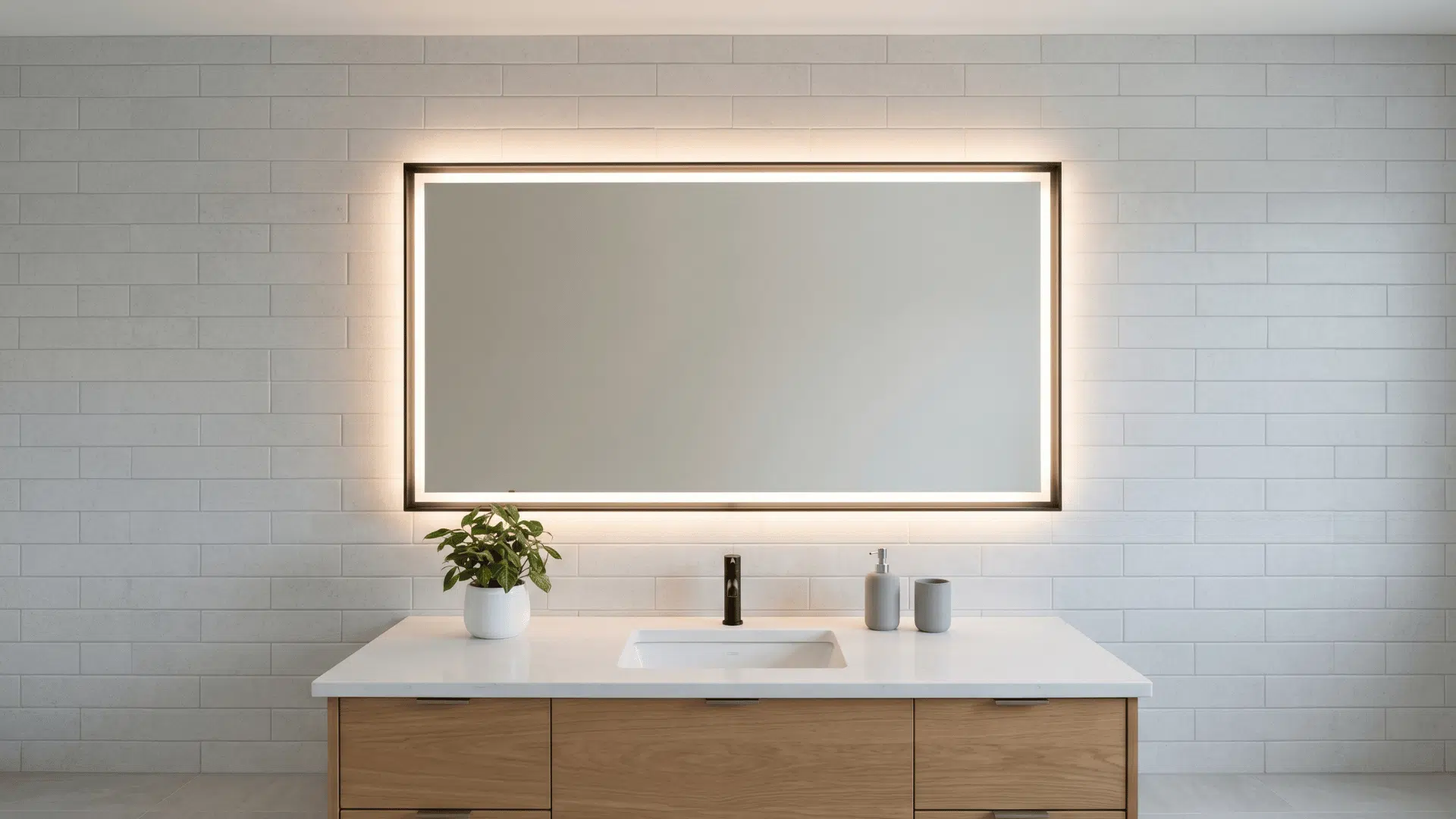 mirror with soft led backlighting creating glow on a clean wall