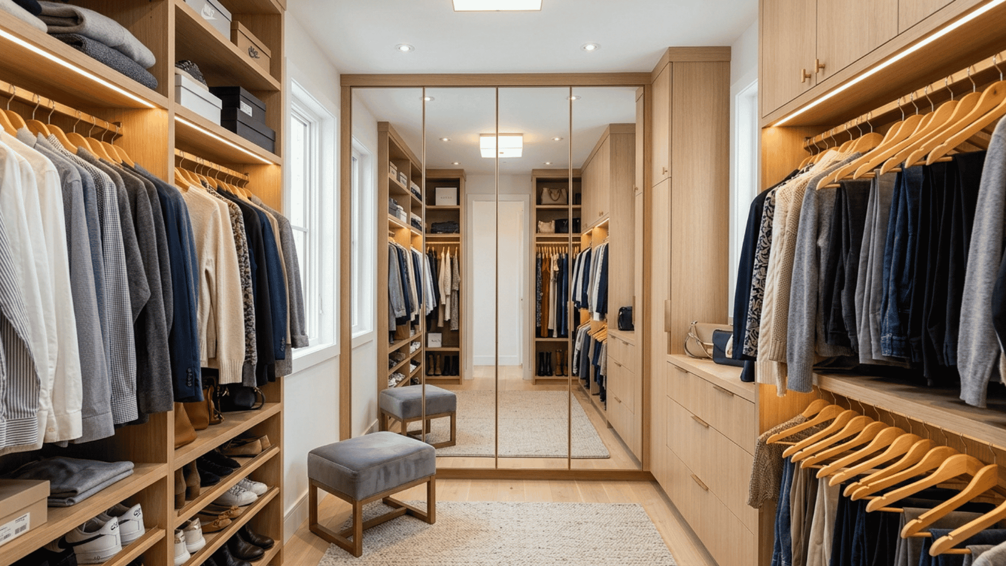 mirrored panels in a small walk-in closet to create an illusion of more space.