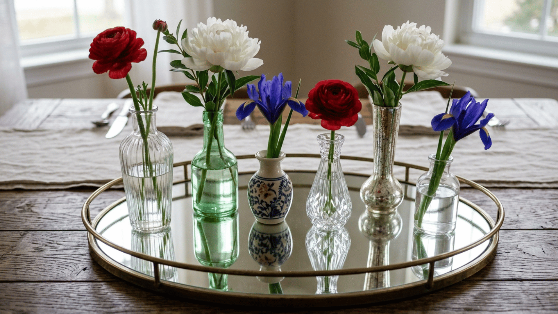 mirrored tray with small bud vases holding red, white, and blue flowers.