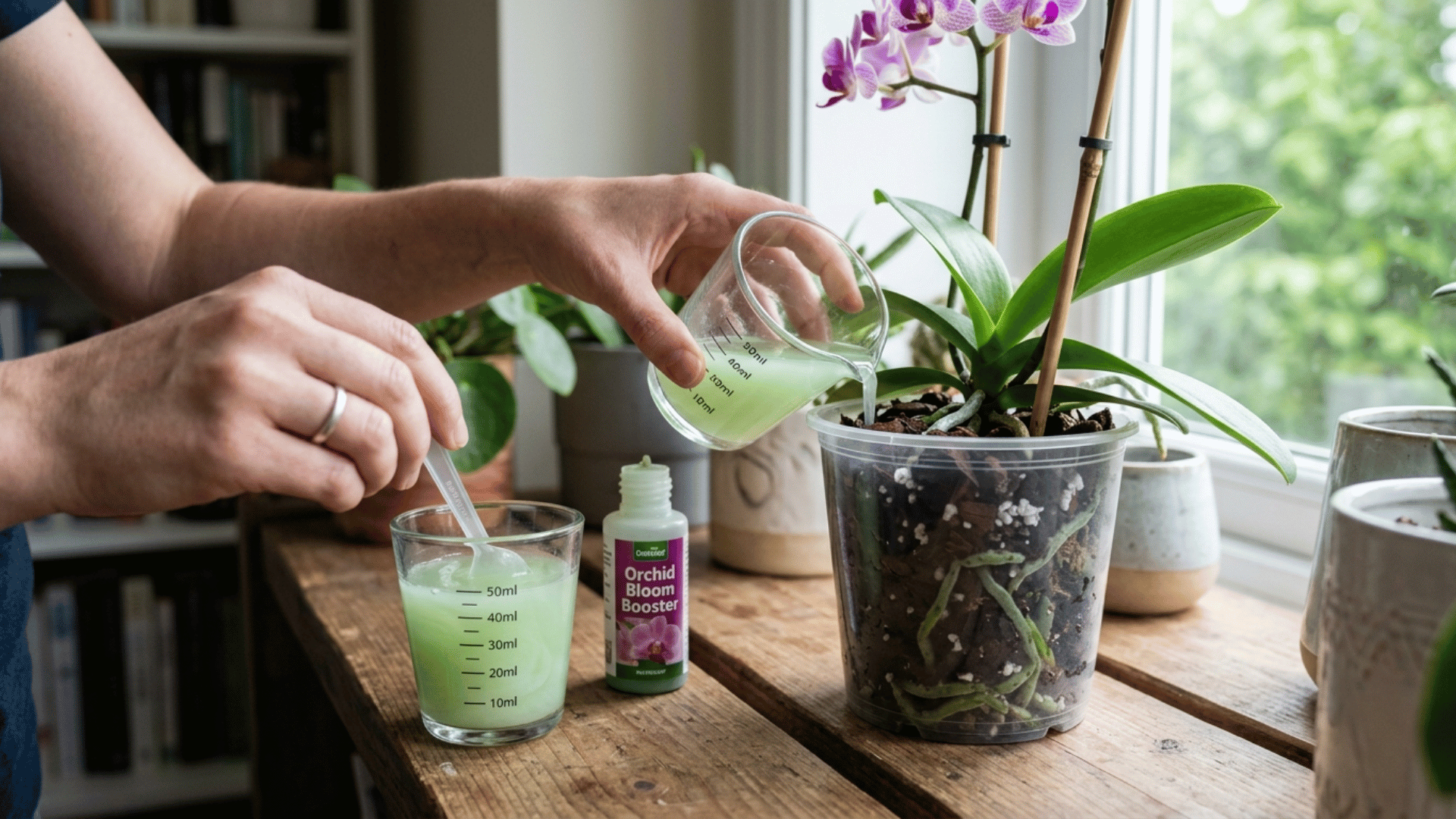 mixing diluted orchid fertilizer in a glass cup and pouring it into a clear pot with bark medium near a bright window.