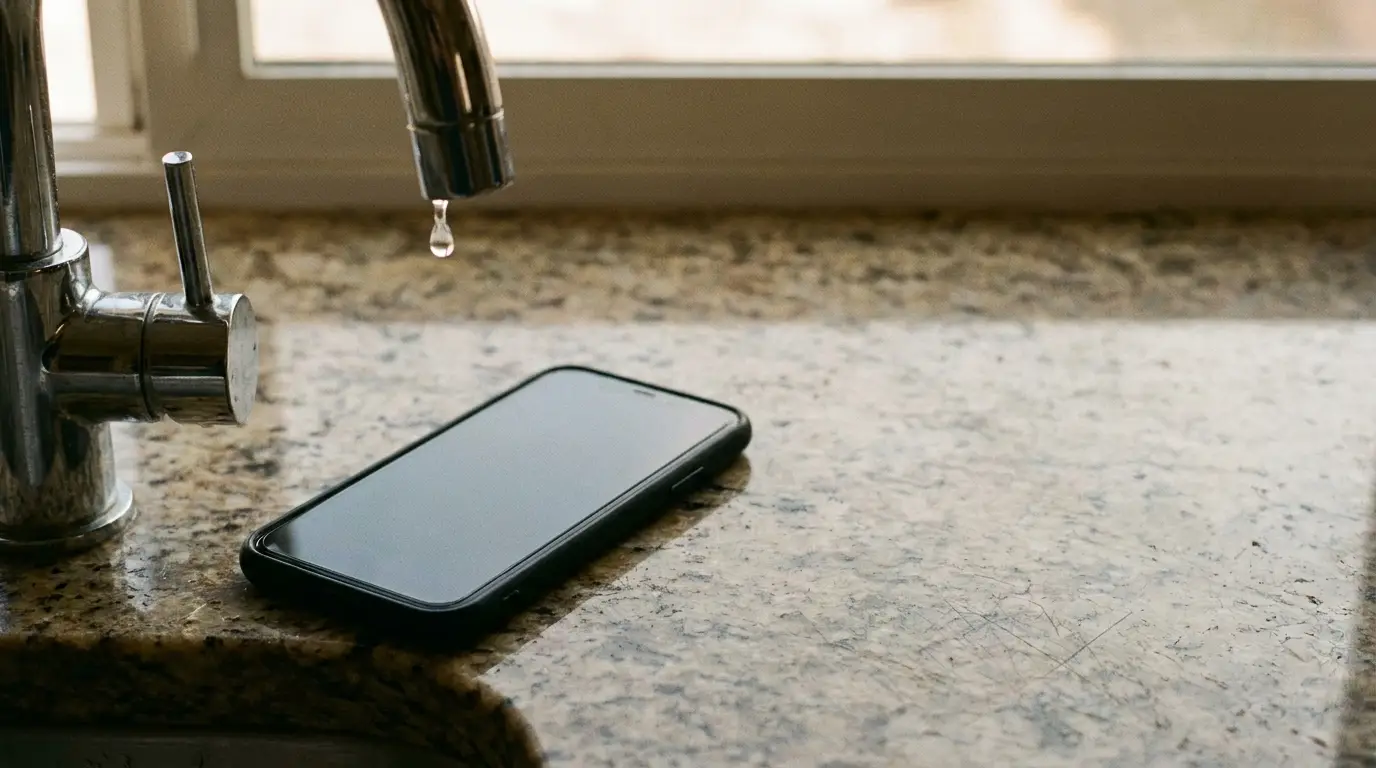 Smartphone on granite countertop with water dripping from silver faucet nearby