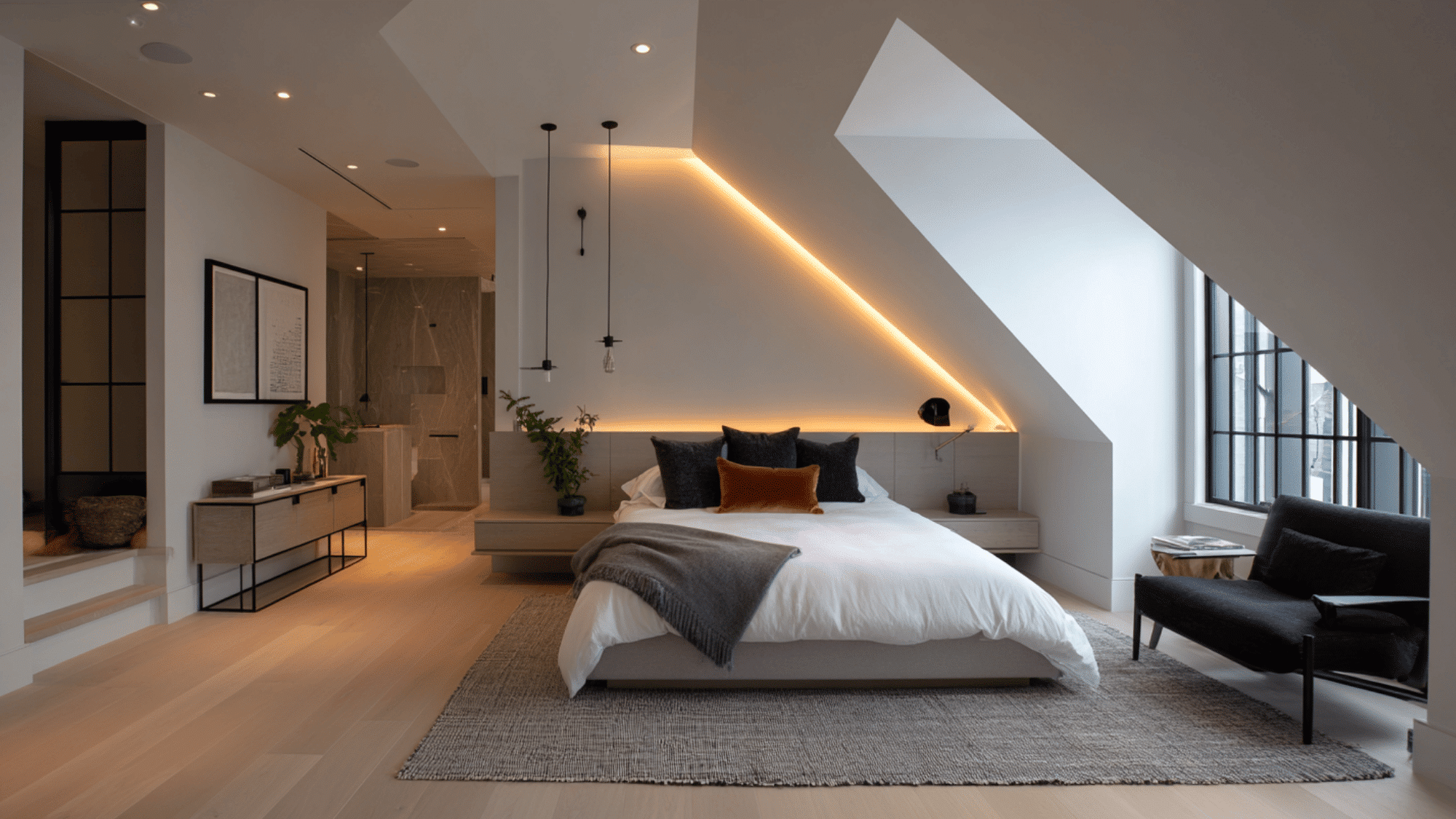 modern attic bedroom with sleek furniture and lighting