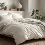 modern bed with duvet cover showing insert inside in bright bedroom with soft natural light and clean decor